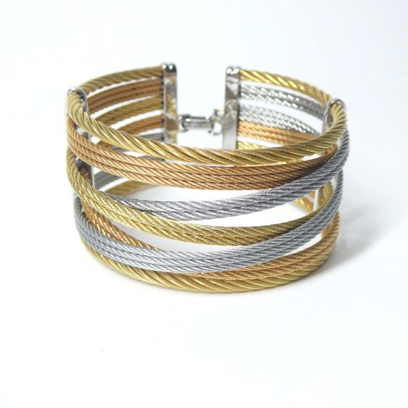 Alor Cable Bangle Bracelet 6 Strand 3 Tone Au750 18K Gold & Stainless Steel - Picture 1 of 14